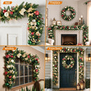 12 FT Pre-Lit Christmas Garland with 100 Warm White LEDs and Timer, Battery Operated Artificial Garland with Christmas Ornaments and Gold Mesh Leaves for Mantel, Stairs and Doorway — 8