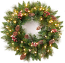 24 Inch Artificial Pre-Lit Christmas Wreath, Mixed Pine Decorated Frosted Berries, Pinecones, 50 LED Lights with Timer, Battery Operated, Holiday Decoration for Front Door, Outdoor — 1