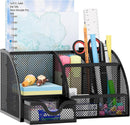EasyPAG Mesh Desk Organizer with Drawer Multi-functional Pen Holder Stationery Organizer for Office School Supplies 6 Compartments Dorm Organizers and Storage for Desk, Black — 1