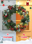 24 Inch Prelit Christmas Wreath for Front Door, Battery Operated LED Christmas Wreath with Pine Needles Branches Hari Leaves Red Berry Pine Cones, Lighted Wreath Wall Windows Decoration — 4
