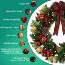 Hykolity 24 Inch Pre-Lit Magnolia Christmas Wreath with 30 Warm White LEDs and Timer, Battery Operated Artificial PE & PVC Wreath with Burgundy Flowers, Ornaments and Plaid Bow for Front Door — 4