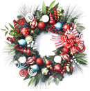 Valery Madelyn 24'' Pre-Lit Christmas Wreath for Front Door with Light, Collapsible Lighted Outdoor Christmas Wreath with Multi-colored Xmas Ball Bow for Home Porch Fireplace Window Holiday Wall Decor — 1