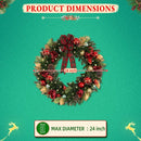 Hykolity 24 Inch Pre-Lit Magnolia Christmas Wreath with 30 Warm White LEDs and Timer, Battery Operated Artificial PE & PVC Wreath with Burgundy Flowers, Ornaments and Plaid Bow for Front Door — 7