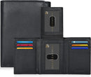 Real Leather Mens Trifold Wallet - RFID Slim Minimalist Front Pocket Gift (Jet Black)