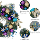 Valery Madelyn 20'' Pre-Lit Christmas Wreath for Front Door with Lights, Large Lighted Outdoor Christmas Wreath with Peacock Feathers & Balls for Home Porch Fireplace Window Holiday Party Wall Decor — 6