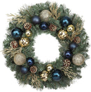 Haute Decor 24 Inch Sutton Place Christmas Wreath with Soft White LED Lights on Automatic Timer - Pre-Lit Christmas Wreath Featuring Blue and Gold Shatterproof Ornaments — 1