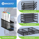 MINDEPOT 4-Tier Paper Organizer + 3-Pocket File Holder + Drawer + Pen Holders, Desktop File Organizers Paper Tray for Office Accessories School Classroom Organization (Black) — 3