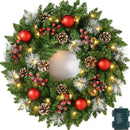 24 Inch Pre-Lit Artificial Christmas Wreath for Front Door, Christmas Door Decorations Wreath with LED Warm Lights, Balls, Pine Needles, and Red Berries Wall Windows Ornament — 1
