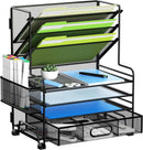 MINDEPOT 4-Tier Paper Organizer + 3-Pocket File Holder + Drawer + Pen Holders, Desktop File Organizers Paper Tray for Office Accessories School Classroom Organization (Black) — 1