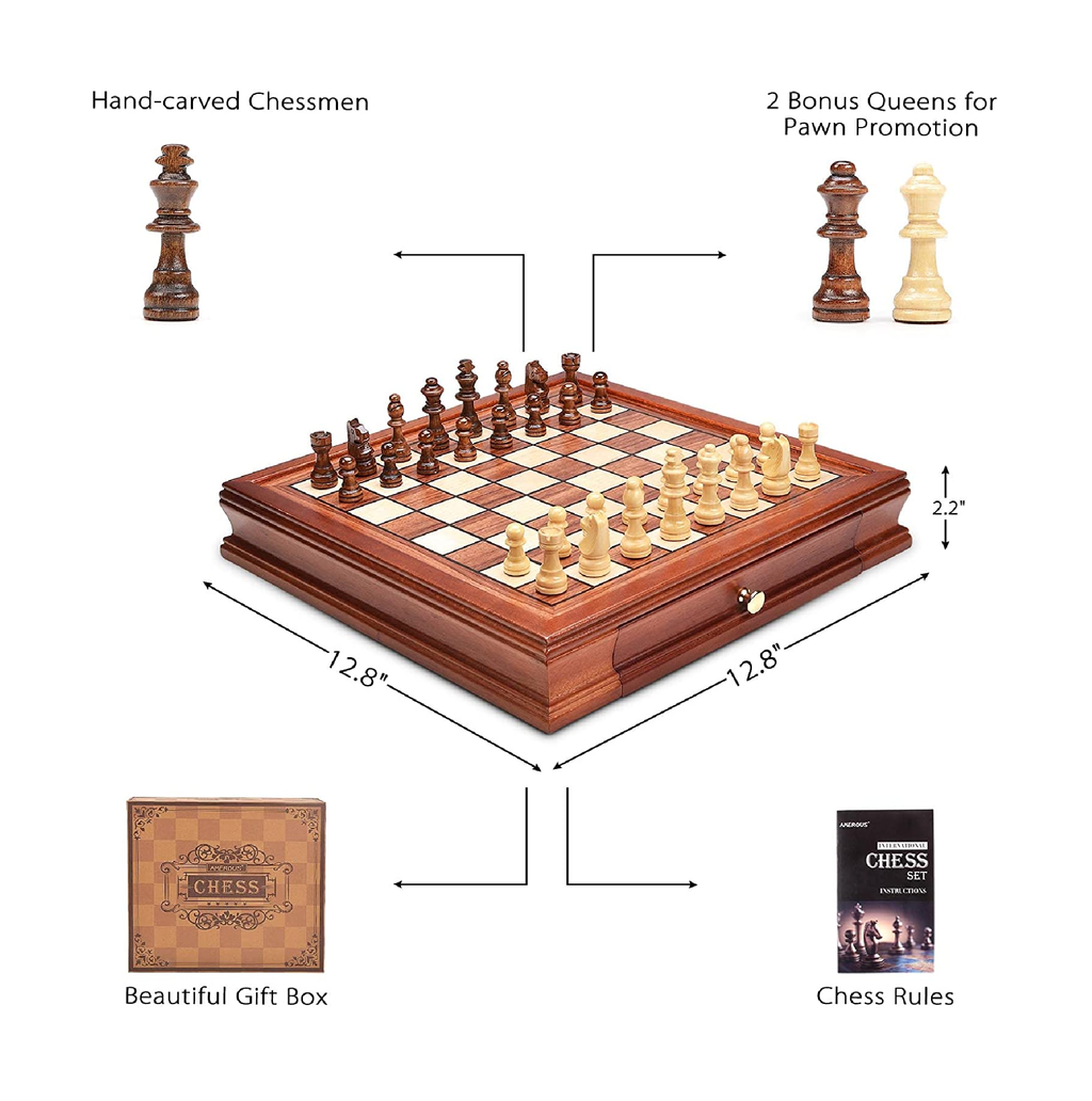 Handmade Wooden Chess Set with Magnetic Board and Hand Carved Staunton  Chess Pieces with Internal Storage, Travel Set | Size 12 X 12 Inches  (Open), 12