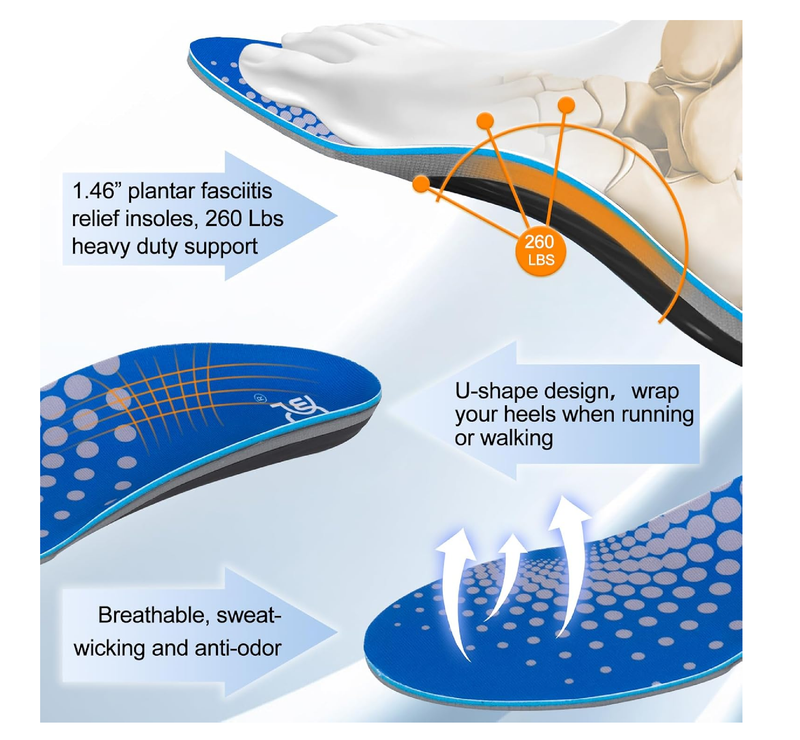 AOTENG STAR Plantar Fasciitis Insoles, High Arch Support Insoles from 240 to 300 lbs,