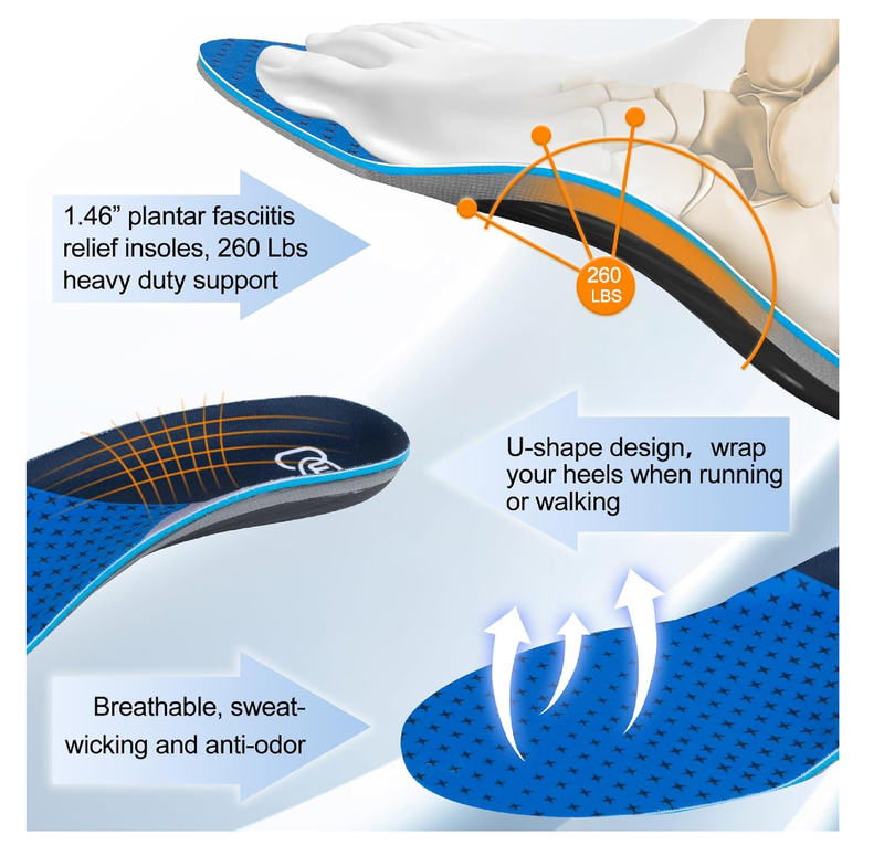 AOTENG STAR Plantar Fasciitis Insoles, High Arch Support Insoles from 240 to 300 lbs, Heavy Duty Orthotic Shoe Inserts for All Day Walking,