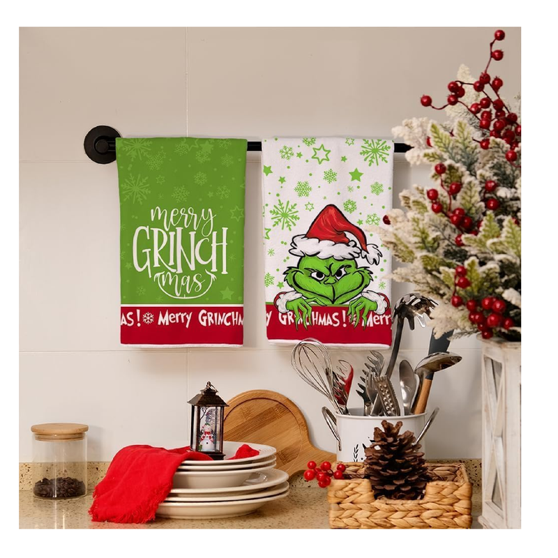 ARKENY Christmas Kitchen Towels Set of 2,Green Merry Grinchmas Snowflake Dish Towels 18x26 Inch,Hoilday Farmhouse Home Decoration AD110