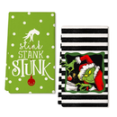 ARKENY Christmas Kitchen Towels Set of 2,Green Grinch Black Stripes Dish Towels 18x26 Inch,Hoilday Farmhouse Home Decoration AD108