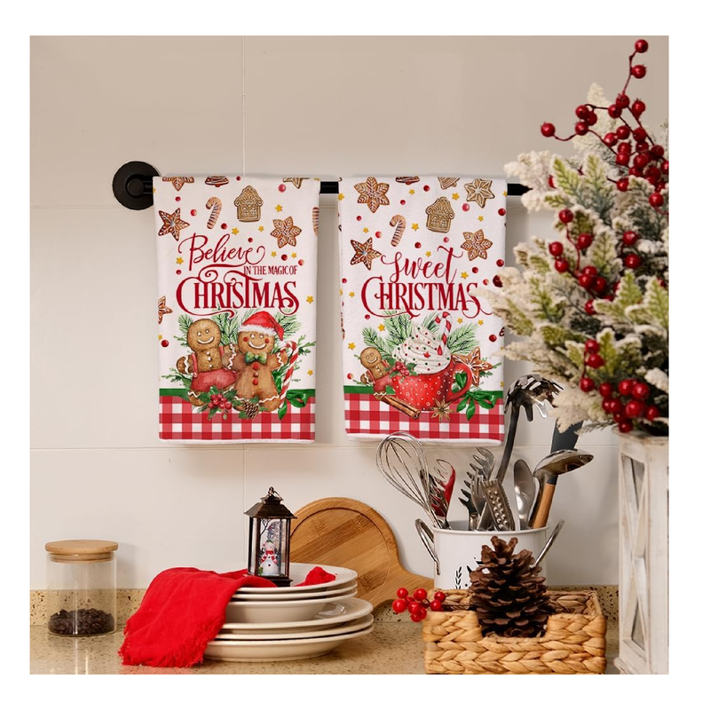 ARKENY Christmas Kitchen Towels Set of 2,Red Buffalo Plaid Gingerbread Man Xmas Dish Towels 18x26 Inch Sweet Believe Sign Drying Dishcloth,Farmhouse Home Noel Decoration AD161