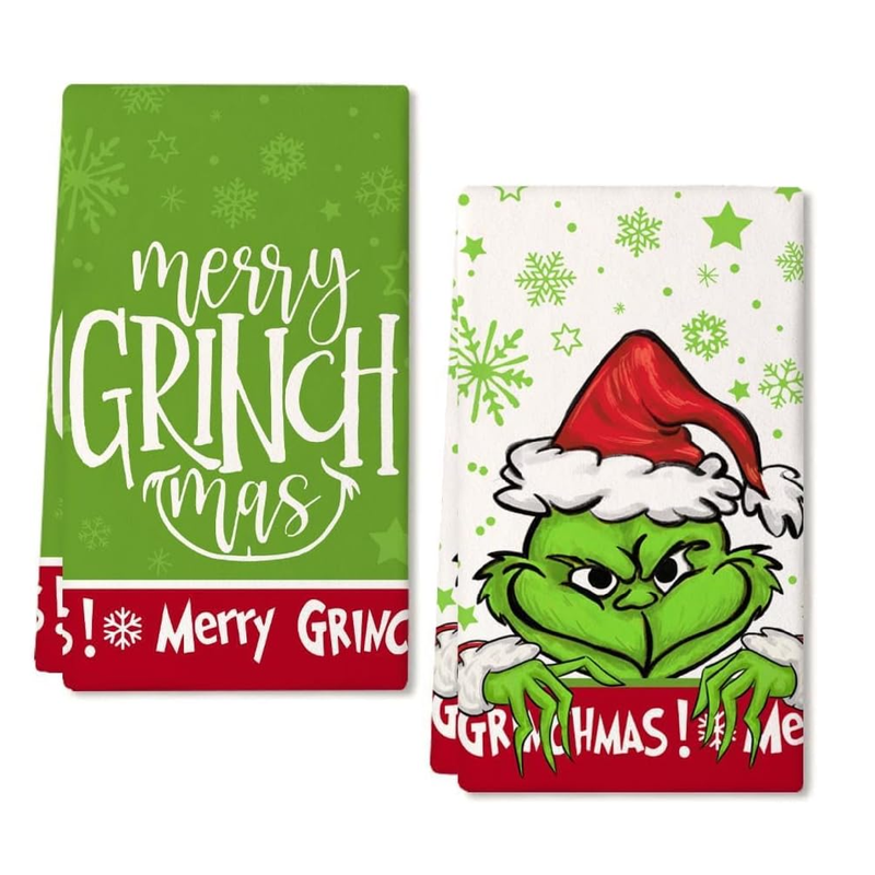 ARKENY Christmas Kitchen Towels Set of 2,Green Merry Grinchmas Snowflake Dish Towels 18x26 Inch,Hoilday Farmhouse Home Decoration AD110