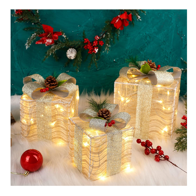 ATDAWN Set of 3 Lighted Gift Boxes Christmas Decorations, Silver Bow Pre-lit Present Boxes, Christmas Home Gift Box Decorations