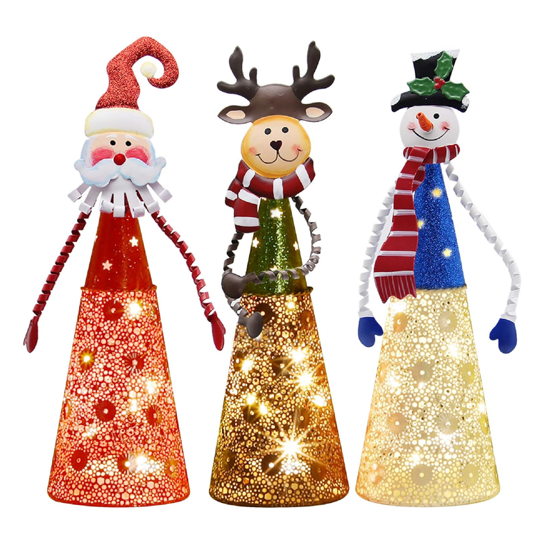 ATDAWN Lighted Christmas Table Decorations, Set of 3 Indoor LED Lighting Santa Snowman Reindeer Xmas Holiday Party Tabletop Desk Ornament