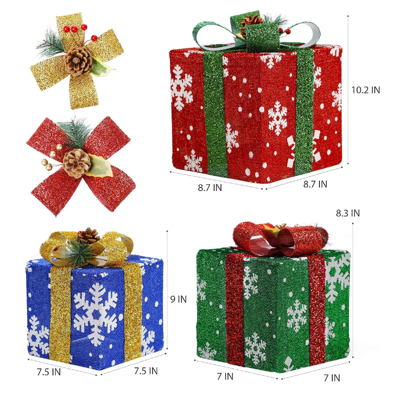 ATDAWN Set of 3 Lighted Gift Boxes Christmas Decorations, Snowflake Present Boxes, Christmas Home Gift Box Decorations