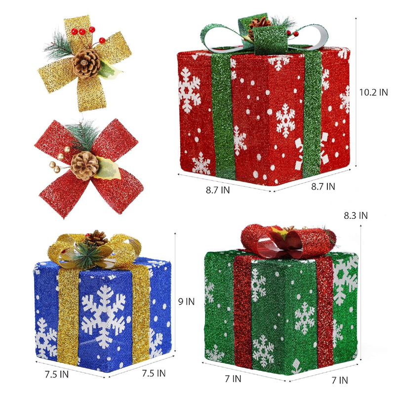 ATDAWN Set of 3 Lighted Gift Boxes Christmas Decorations, Snowflake Present Boxes, Christmas Home Gift Box Decorations