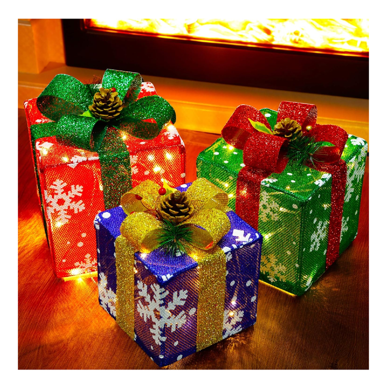 ATDAWN Set of 3 Lighted Gift Boxes Christmas Decorations, Snowflake Present Boxes, Christmas Home Gift Box Decorations