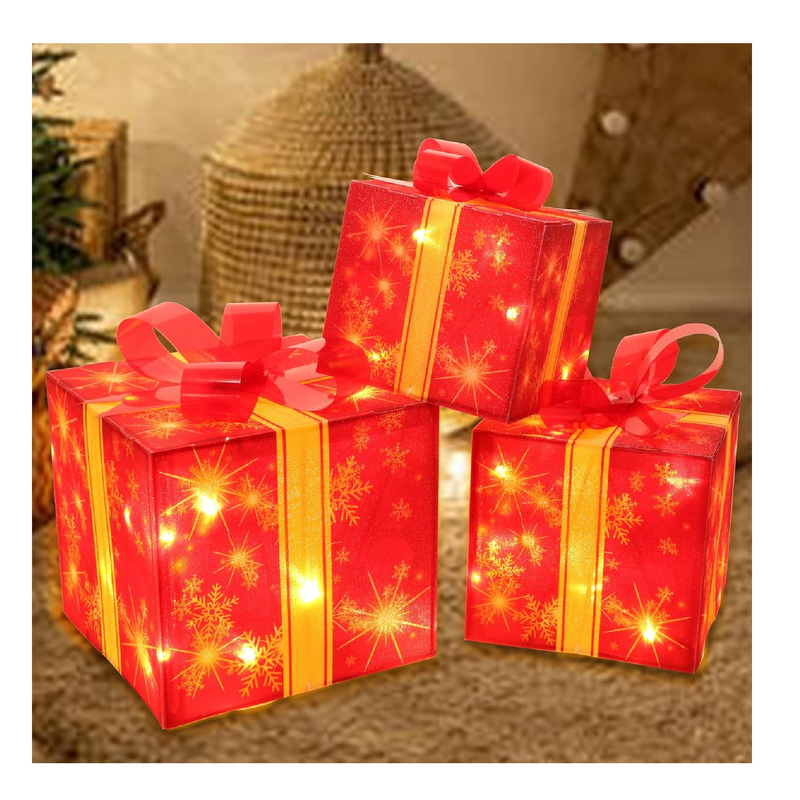 Aesto Christmas Lighted Boxes, Set of 3 Lighted Gift Boxes with 60 Led Lights Timer