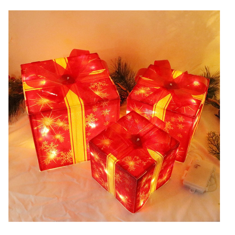 Aesto Christmas Lighted Boxes, Set of 3 Lighted Gift Boxes with 60 Led Lights Timer