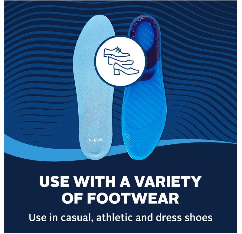Airplus Massage Gel Insoles, Premium Gel Cushioning with Heel and Ball-of-Foot, Arch Support Insoles,