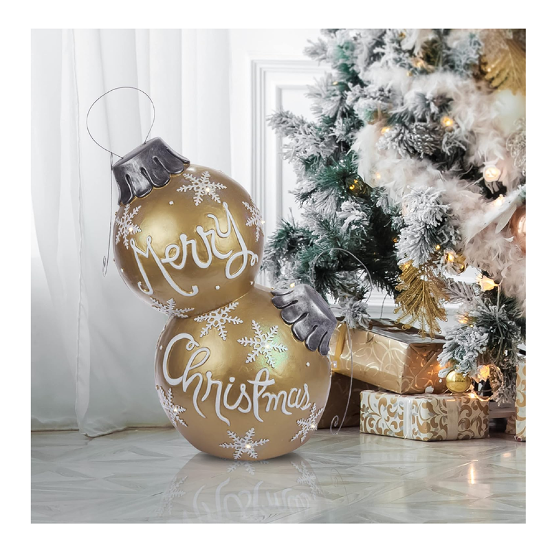 Alpine Corporation Holiday Merry Christmas Stacked Ornaments Statue with Color Changing LED Lights, Gold