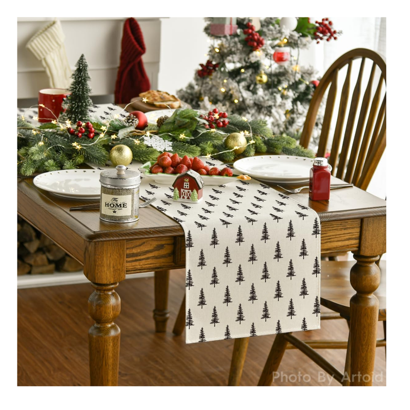 Artoid Mode Beige Xmas Tree Christmas Table Runner, Seasonal Winter Kitchen Dining Table Decoration for Home Party Decor 13x36 Inch