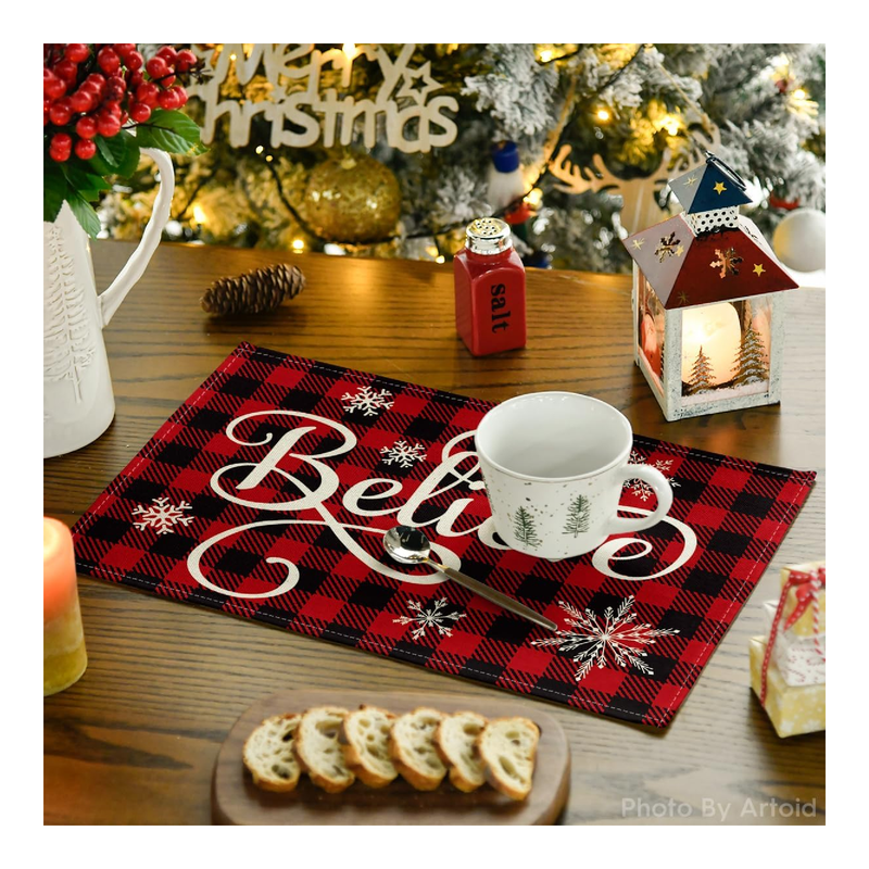 Artoid Mode Christmas Believe Buffalo Check Plaid Placemat for Dining Table, 12 x 18 Inch Winter Holiday Rustic Washable Table Mat Set of 6