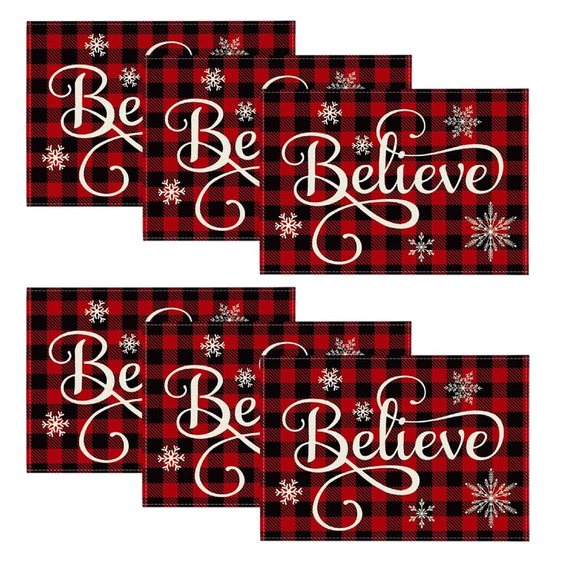 Artoid Mode Christmas Believe Buffalo Check Plaid Placemat for Dining Table, 12 x 18 Inch Winter Holiday Rustic Washable Table Mat Set of 6