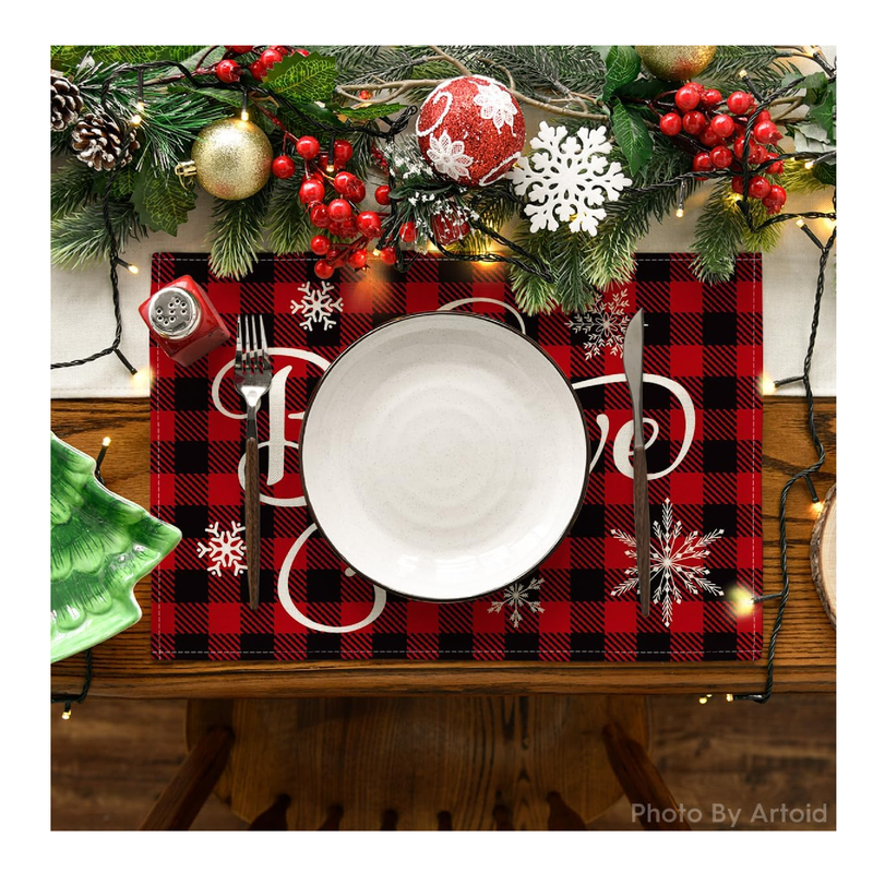 Artoid Mode Christmas Believe Buffalo Check Plaid Placemat for Dining Table, 12 x 18 Inch Winter Holiday Rustic Washable Table Mat Set of 4