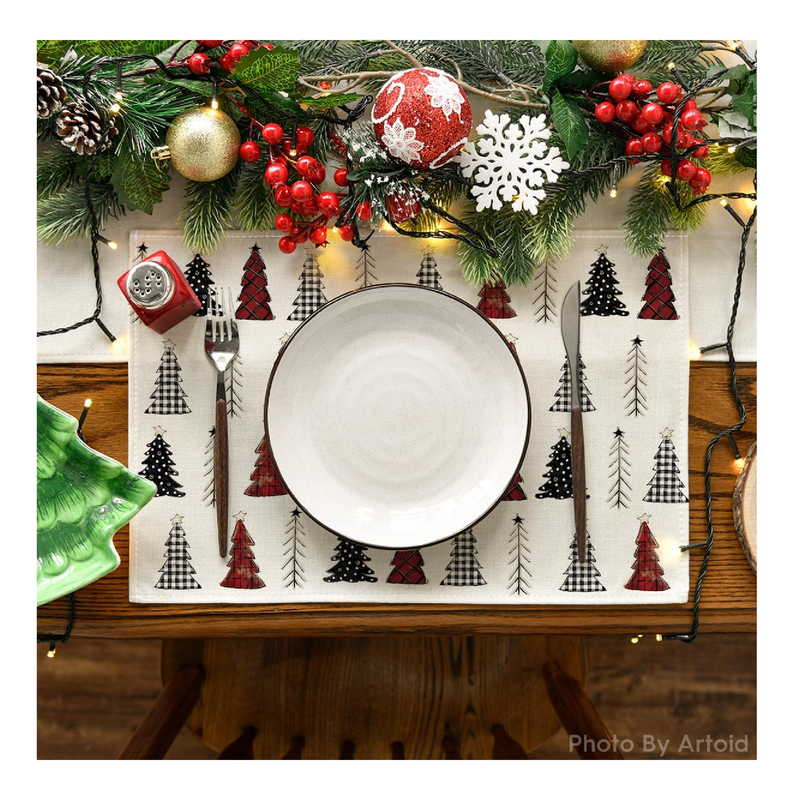 Artoid Mode White Xmas Tree Christmas Placemats Set of 4, 12x18 Inch Winter Table Mats for Party Kitchen Dining Decoration