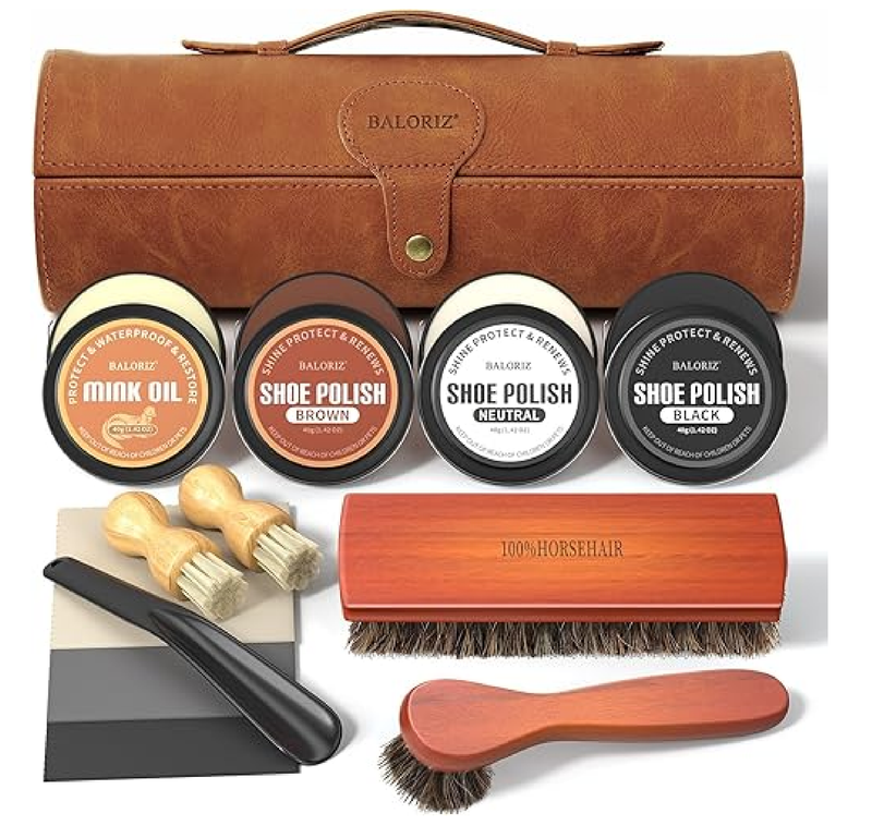 Shoe Polish Kit, 13PCS Leather Shoe Shine Kit Christmas Gifts For Men & Women with Shoe Polish, Mink Oil, Horsehair Brushes for Leather Boot Care Kit Mens Dad Gifts Ideas