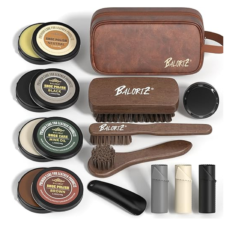 Shoe Shine Kit For Men & Women, 13Pcs Leather Shoe Polish Kit with Shoe Polish, Mink Oil,