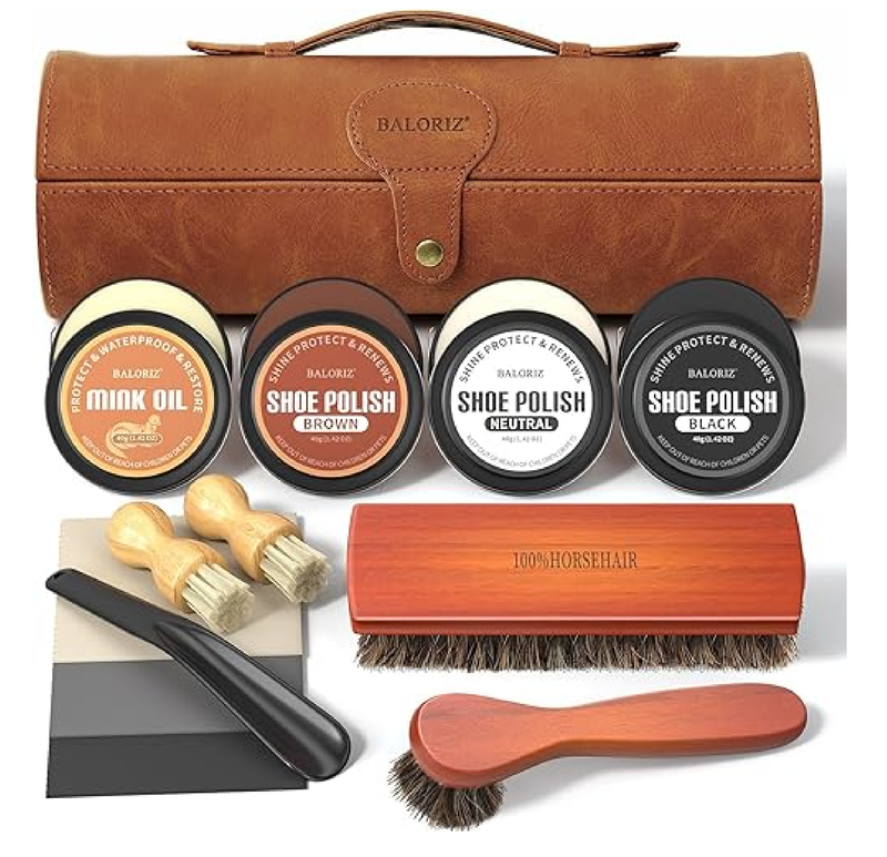Leather Shoe Polish Kit For Men & Women, 13PCS Shoe Shine Kit with Shoe Polish, Mink Oil,