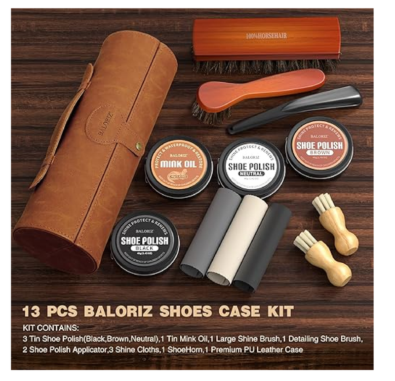 Leather Shoe Polish Kit For Men & Women, 13PCS Shoe Shine Kit with Shoe Polish, Mink Oil,