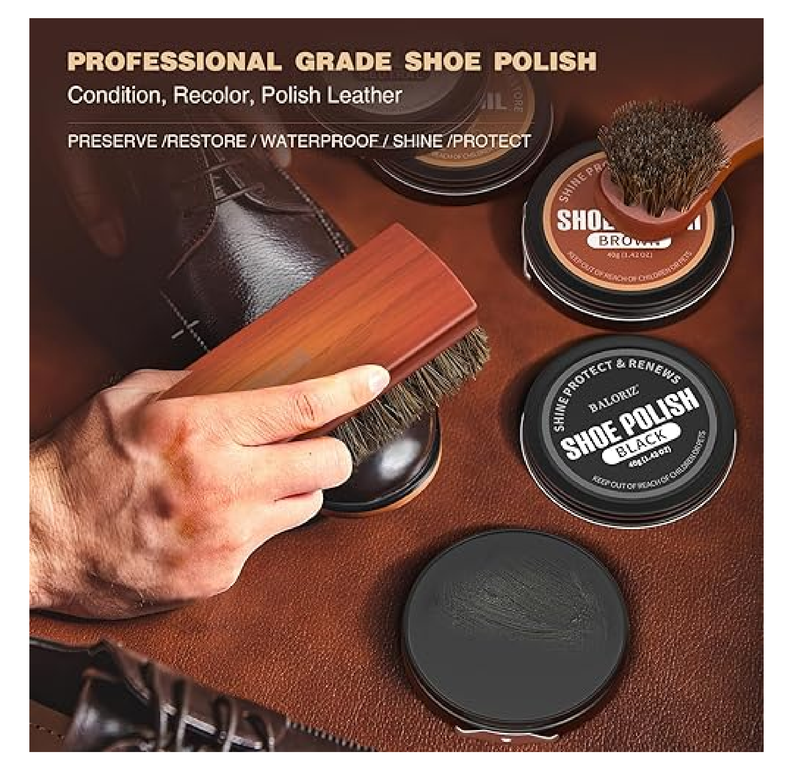 Leather Shoe Polish Kit For Men & Women, 13PCS Shoe Shine Kit with Shoe Polish, Mink Oil,
