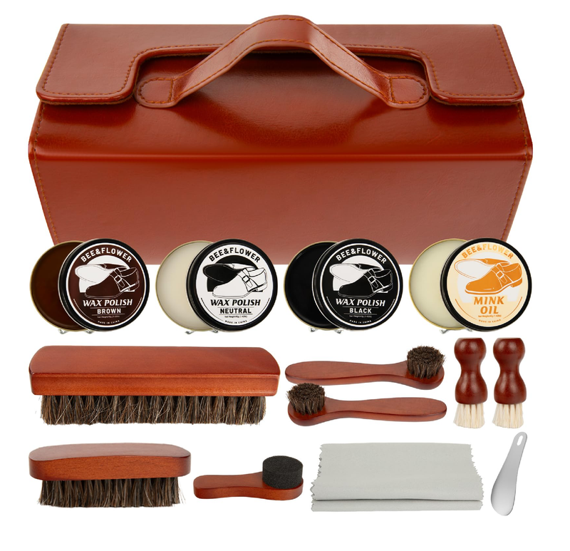 Shoe Polish Kit - Shoe Shine Kit | Leather Care Set with Horsehair Brush & Wooden Applicator