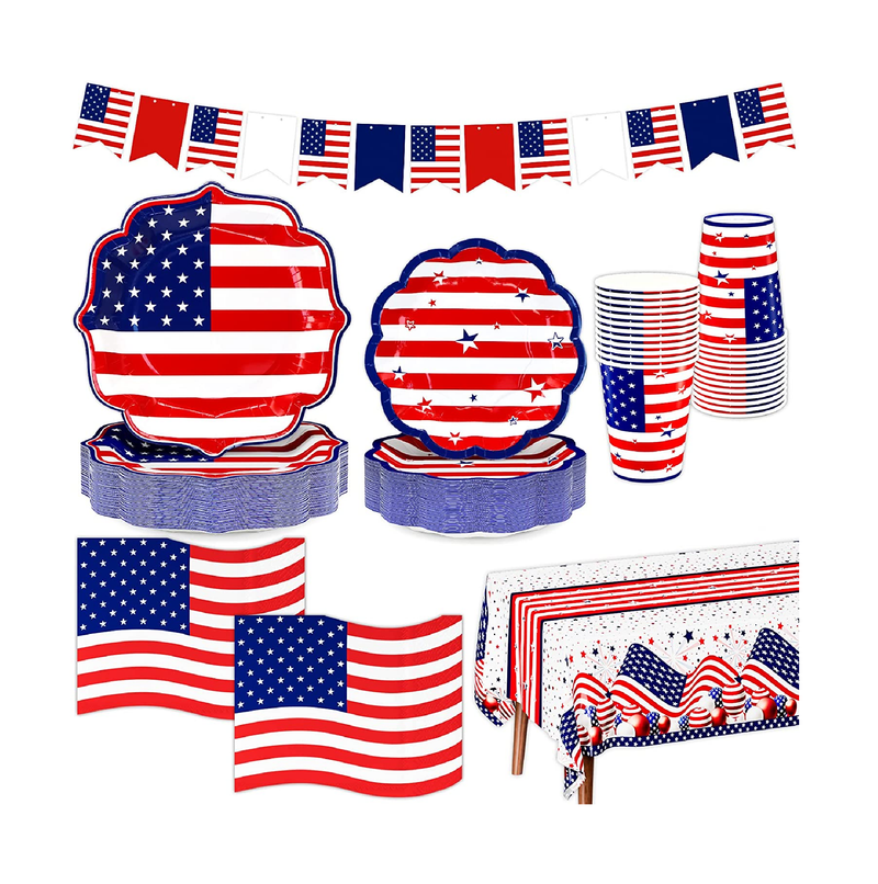 4th of July Party Tableware Set include American Flag Patriotic Dinner Plates Dessert Plates July Fourth Party Napkins Patriotic Tablecloths