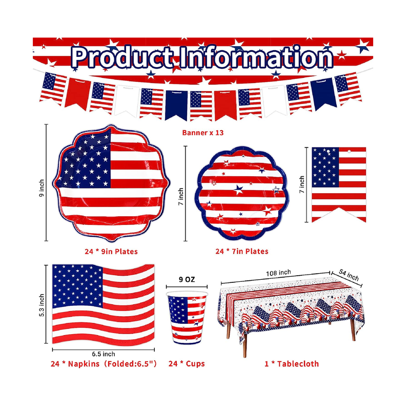 4th of July Party Tableware Set include American Flag Patriotic Dinner Plates Dessert Plates July Fourth Party Napkins Patriotic Tablecloths