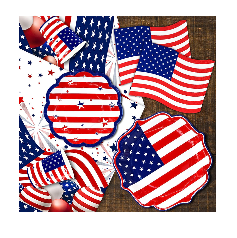 4th of July Party Tableware Set include American Flag Patriotic Dinner Plates Dessert Plates July Fourth Party Napkins Patriotic Tablecloths