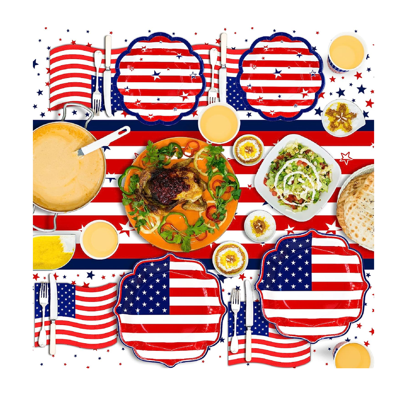 4th of July Party Tableware Set include American Flag Patriotic Dinner Plates Dessert Plates July Fourth Party Napkins Patriotic Tablecloths
