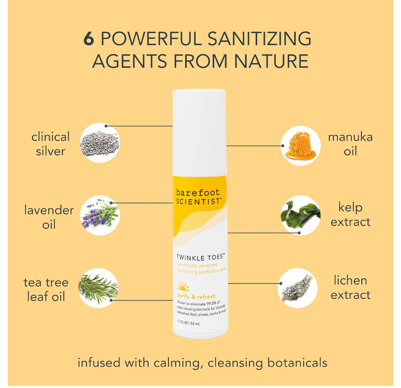 Barefoot Scientist - Twinkle Toes Foot Deodorizing Purification Spray (1.7 Ounce) - Foot Deodorant, Disinfects Smelly Shoes,