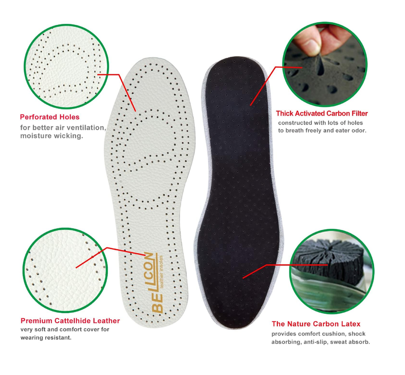 Leather Insoles for Women Nonslip Thin Shoe Pads with Activated Carbon Foam for Odor Eaters Thin Leather Inserts