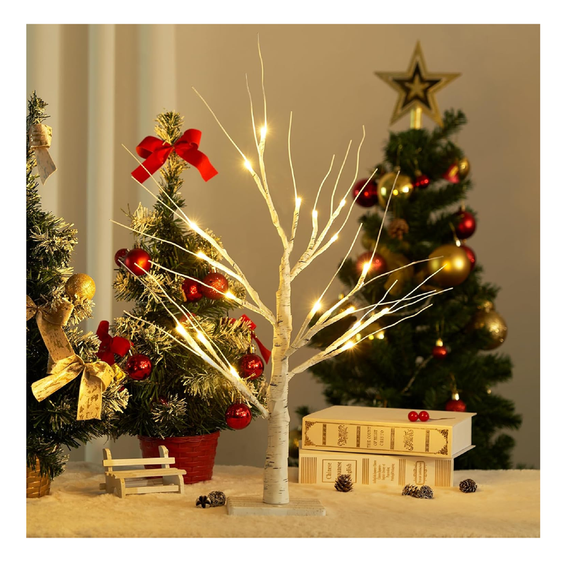 YEAHOME 2 Pack 2FT/24” Birch Tree Light with 18LT Warm White LEDs Battery Powered Timer for Christmas Decorations Indoor