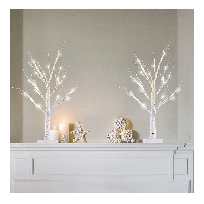 YEAHOME 2 Pack 2FT/24” Birch Tree Light with 18LT Warm White LEDs Battery Powered Timer for Christmas Decorations Indoor