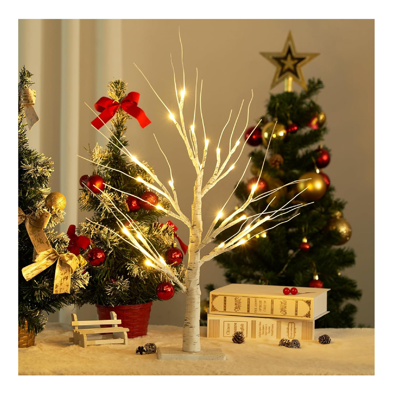 YEAHOME 2FT/24” Birch Tree Light with 24LT Warm White LEDs Battery Powered Timer for Christmas Decorations Indoor