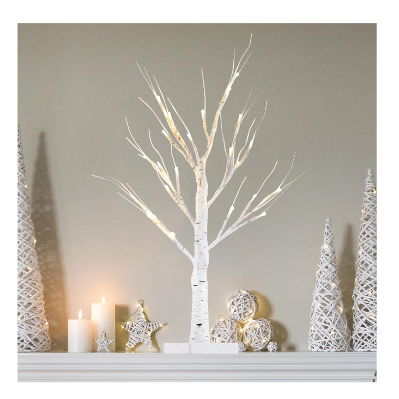 YEAHOME 2FT/24” Birch Tree Light with 24LT Warm White LEDs Battery Powered Timer for Christmas Decorations Indoor